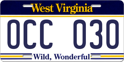 WV license plate OCC030