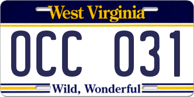 WV license plate OCC031