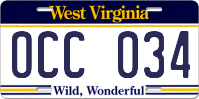 WV license plate OCC034