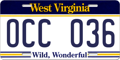 WV license plate OCC036