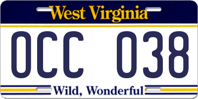 WV license plate OCC038