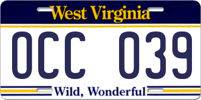 WV license plate OCC039