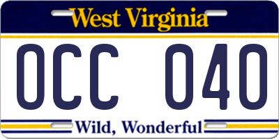 WV license plate OCC040