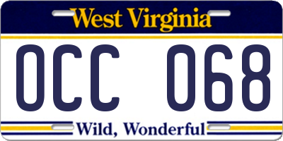 WV license plate OCC068