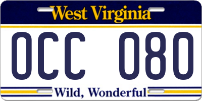 WV license plate OCC080