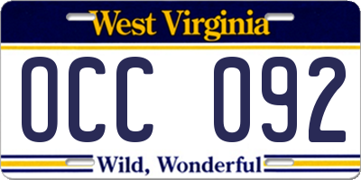 WV license plate OCC092