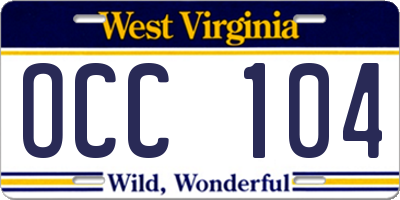 WV license plate OCC104