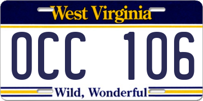 WV license plate OCC106