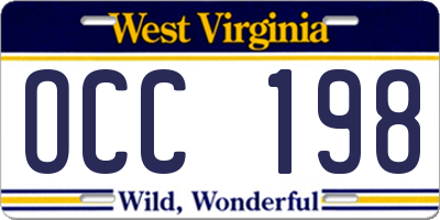 WV license plate OCC198