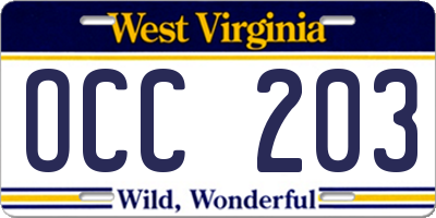 WV license plate OCC203