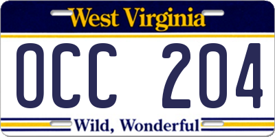 WV license plate OCC204