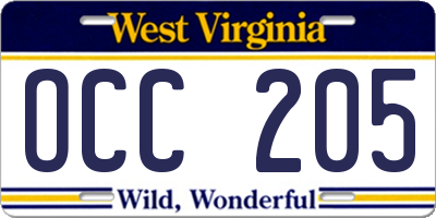 WV license plate OCC205