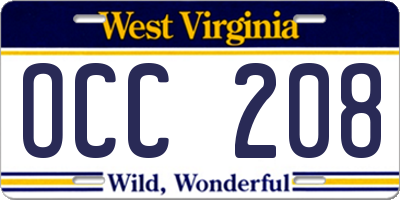 WV license plate OCC208