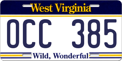 WV license plate OCC385