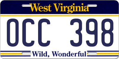 WV license plate OCC398