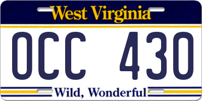 WV license plate OCC430