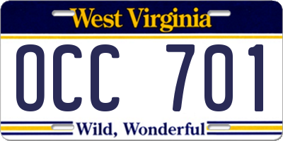WV license plate OCC701
