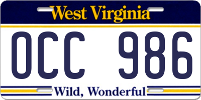 WV license plate OCC986