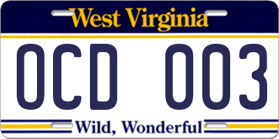WV license plate OCD003