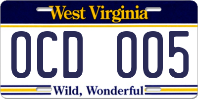 WV license plate OCD005