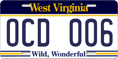 WV license plate OCD006