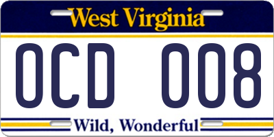 WV license plate OCD008