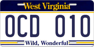 WV license plate OCD010