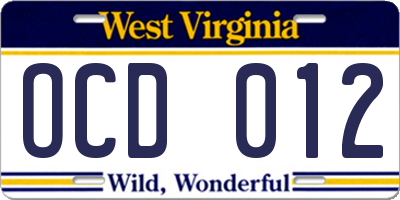 WV license plate OCD012