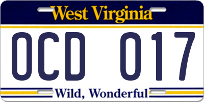 WV license plate OCD017