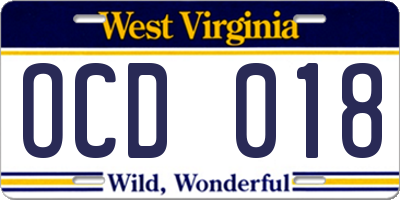 WV license plate OCD018