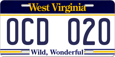WV license plate OCD020