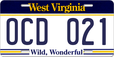 WV license plate OCD021