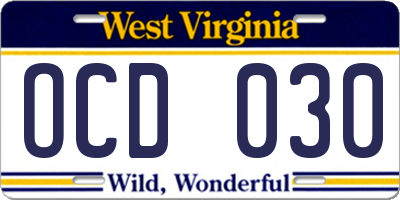 WV license plate OCD030