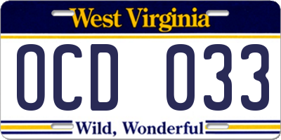 WV license plate OCD033