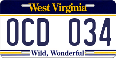 WV license plate OCD034