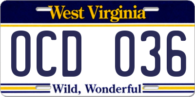WV license plate OCD036