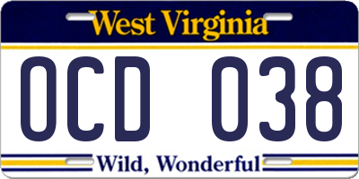 WV license plate OCD038