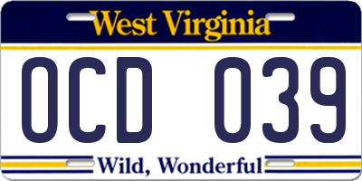 WV license plate OCD039