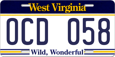 WV license plate OCD058
