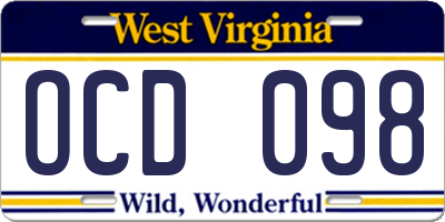 WV license plate OCD098
