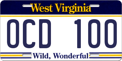 WV license plate OCD100
