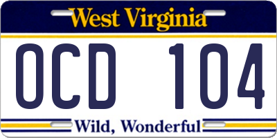 WV license plate OCD104