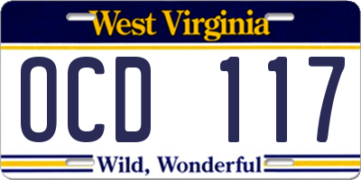 WV license plate OCD117