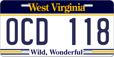 WV license plate OCD118