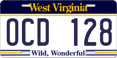 WV license plate OCD128
