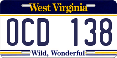 WV license plate OCD138