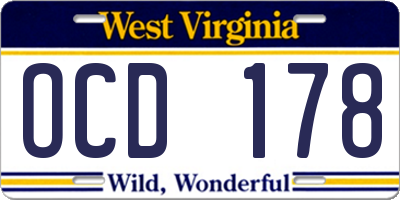 WV license plate OCD178