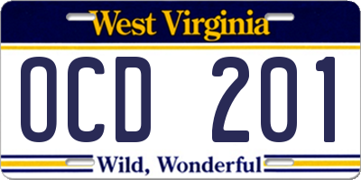 WV license plate OCD201