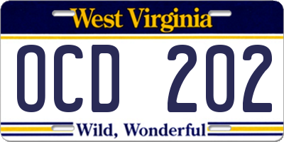 WV license plate OCD202