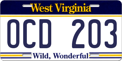 WV license plate OCD203